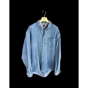 Vintage 90's Tommy Hilfiger Denim Jean Shirt Men XL Blue Button Up Distressed